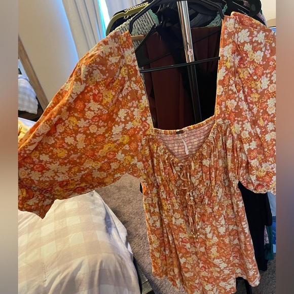 Free People Orange Floral Puff Sleeve Dress - Picture 2 of 6